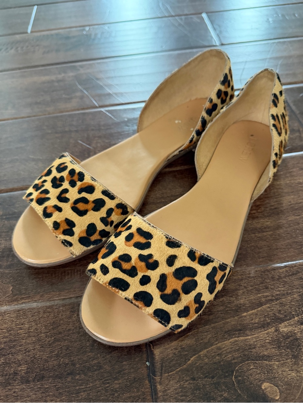 J. Crew Suede Leopard Print Open Toe Slip On Flats Sandals - Women’s 9